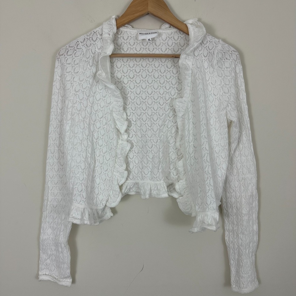 Willow & Wind Cardigan Sweater Coquette White Cotton Open Front Ruffle Womens M